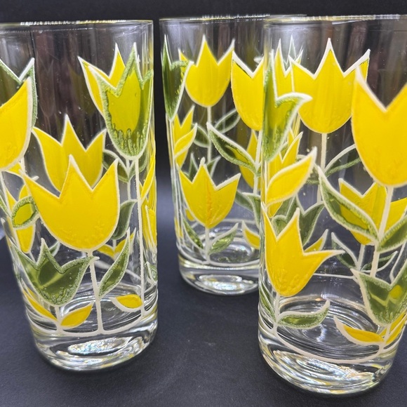 5 VINTAGE CULVER YELLOW & GREEN TULIP GLASSES Tumblers 1970’s 7"T - Picture 2 of 7